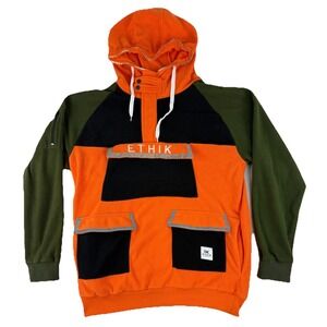ETHIK Clothing Co ANORAK 1/4 Zip Pullover HOODIE Sz Large Sweatshirt Orange Y2K‎